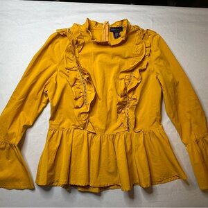 Amaryllis Mustard Ruffle Peplum Blouse – Size M/L – Bell Sleeves, High Neck